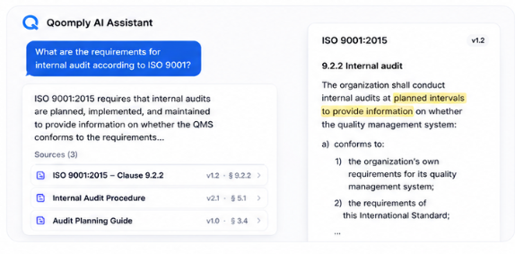 Aperçu de l’assistant Qoomply : réponse avec sources et extrait de document mis en évidence.